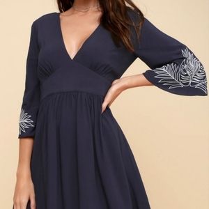Lulu's Navy Blue Dress with White Embroidery